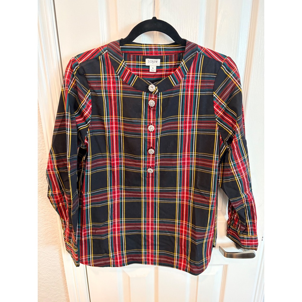 J.Crew Plaid Blouse Black Red Green Rhinestone Button Stewart Tartan Top